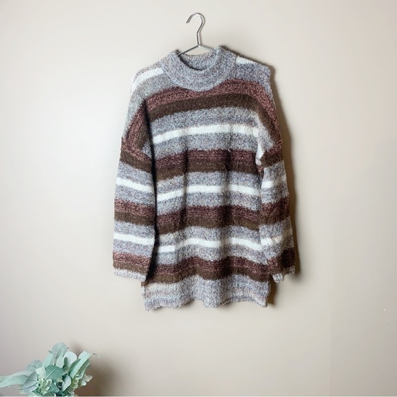 [Universal Thread] Brown & Gray  Striped Mock Neck Longline Pullover Sweater - Picture 1 of 7
